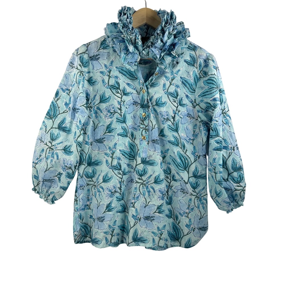 Liza Byrd Tunic sz S Blue Floral Maria Ruffle Neck Blouse avant garde artsy